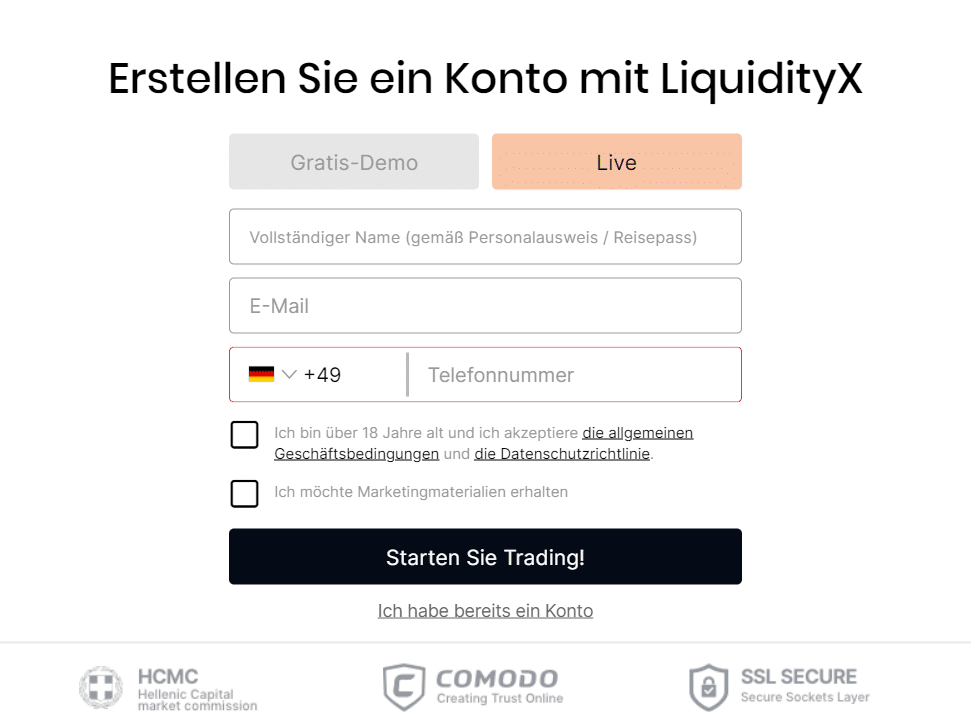 LiquidityX Registrierung