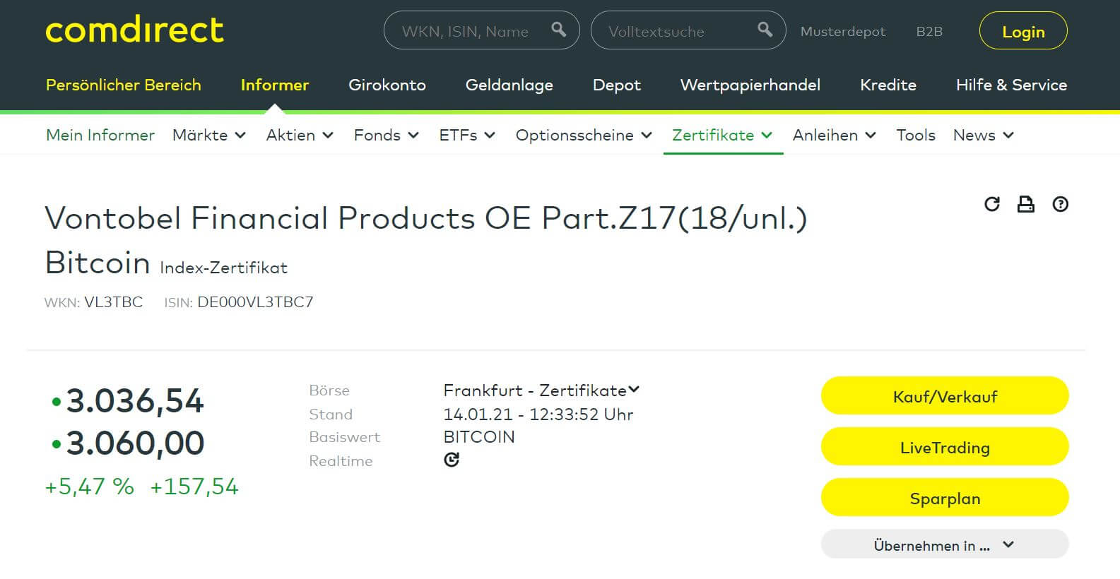 Bitcoin bei Comdirect Produkte und Zertifikate